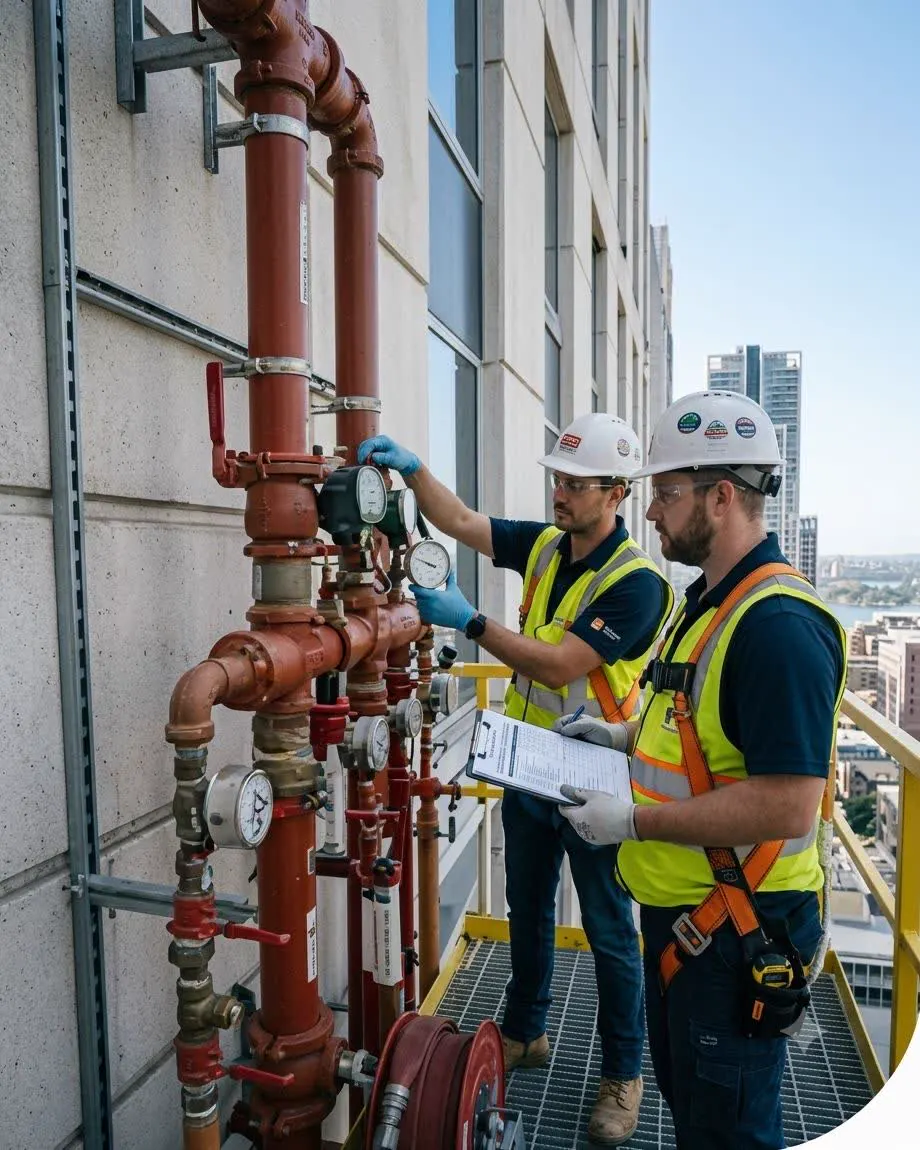 Technicians servicing a building fire-protection system