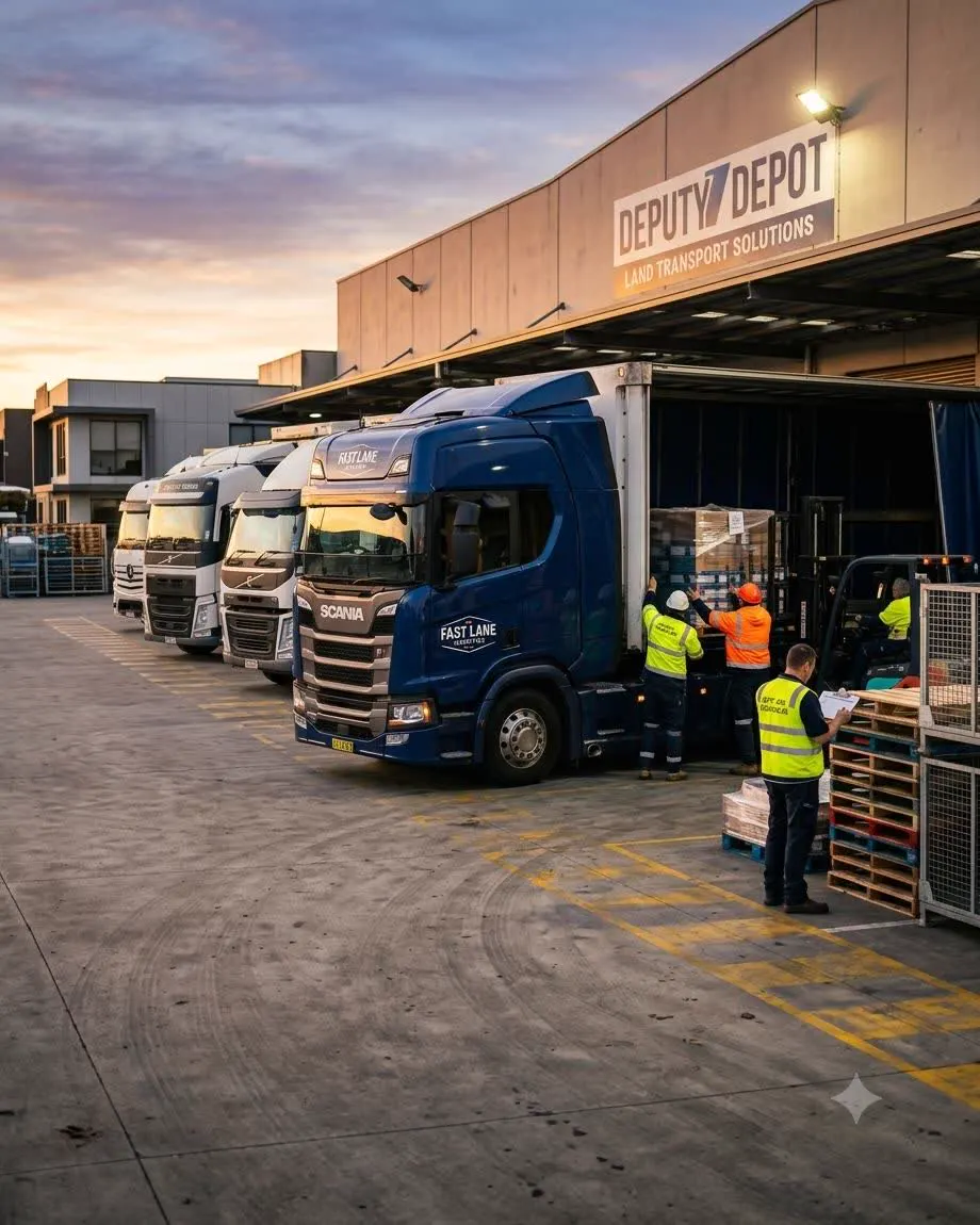 An Australian land transport and freight depot at dusk